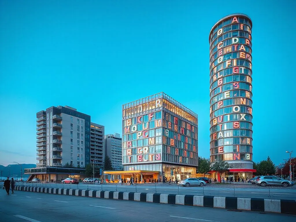 Photorealistic view of the Alphabet Tower in Batumi near the promenade, vibrant atmosphere, modern architecture Photorealistic view of the Alphabet Tower in Batumi near the promenade, vibrant atmosphere, modern architecture