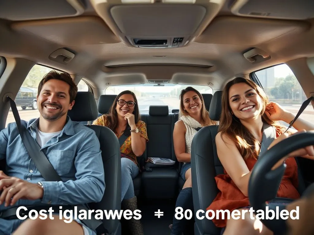 Group of happy travelers inside a car enjoying the trip, comparison between cost savings and comfortable travel, photorealistic, high quality Group of happy travelers inside a car enjoying the trip, comparison between cost savings and comfortable travel, photorealistic, high quality