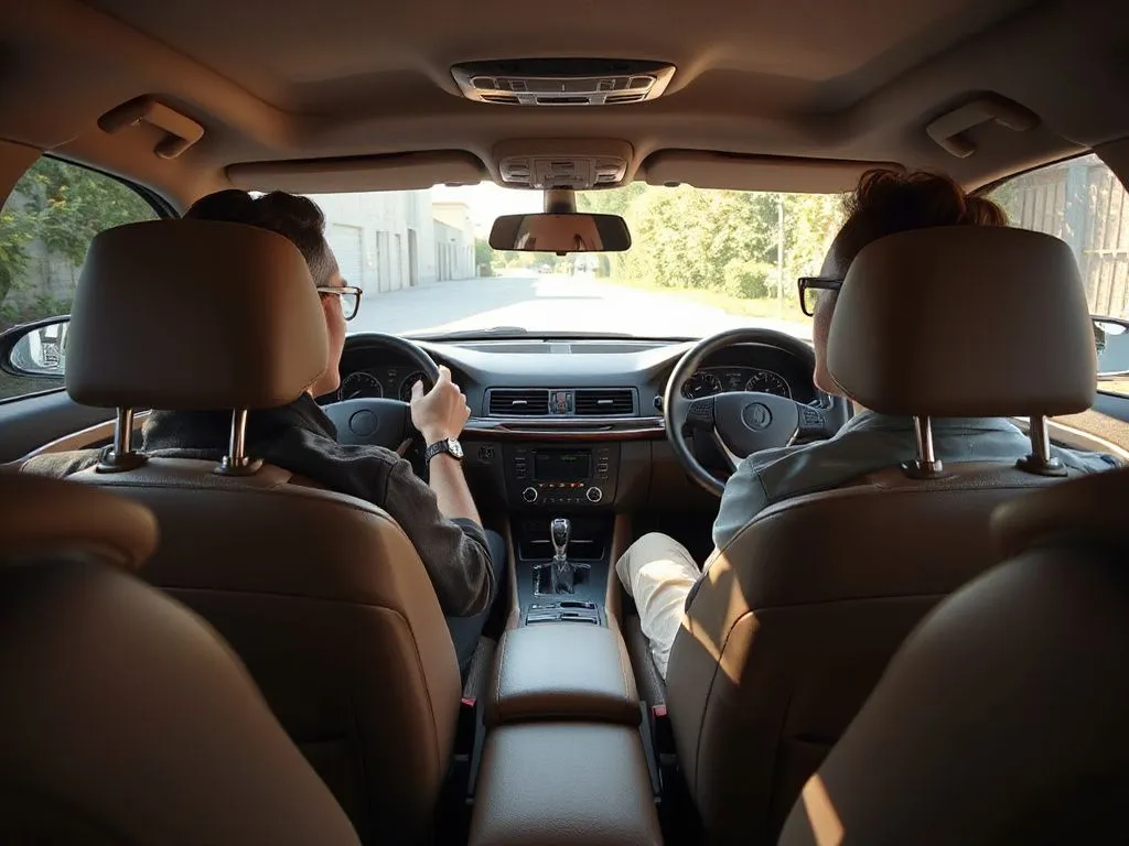 Interior of luxurious car with comfortable seating and professional driver, natural lighting, detailed cabin environment Interior of luxurious car with comfortable seating and professional driver, natural lighting, detailed cabin environment