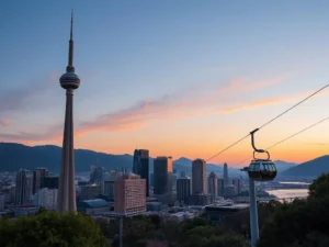 Scenic view of Batumi skyline with the Alphabet Tower and Argo Cable Car, photorealistic, modern setting, high quality, sunset atmosphere