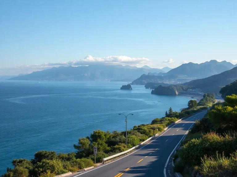 A scenic view of a coastal road along the Black Sea with vibrant landscapes, mountains in the background, and lush greenery, photorealistic, high quality.